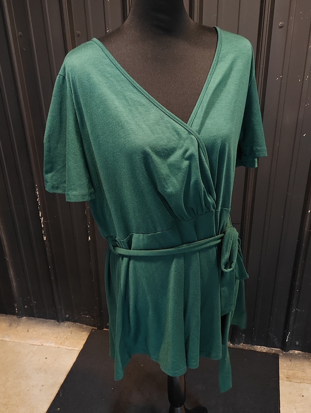 Green Wrap-Style V-Neck Blouse with Waist Tie